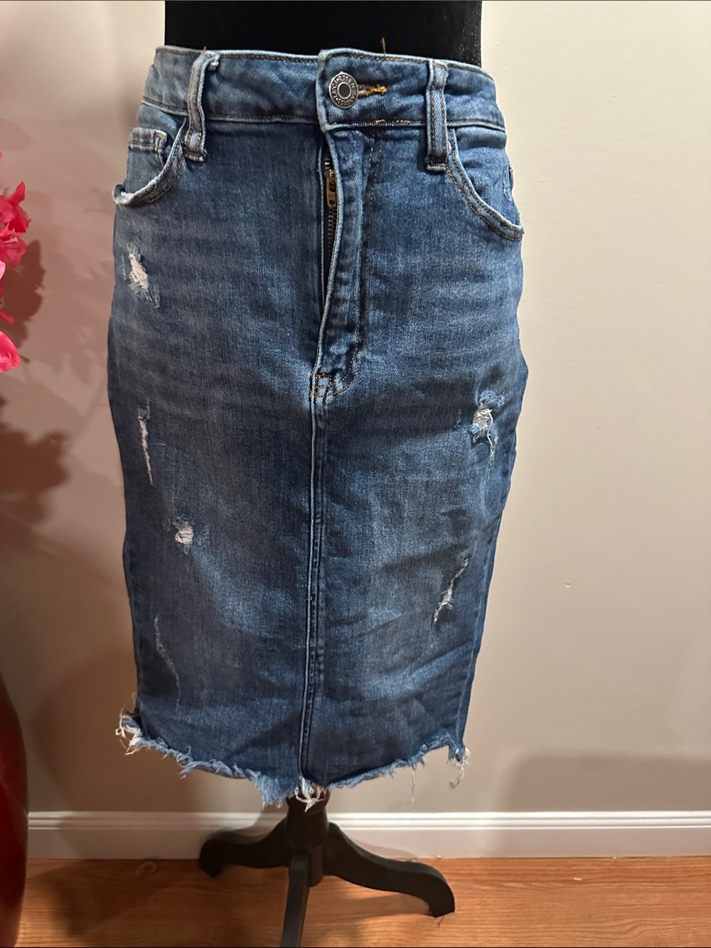 Classic Distressed Blue Denim Pencil Skirt
